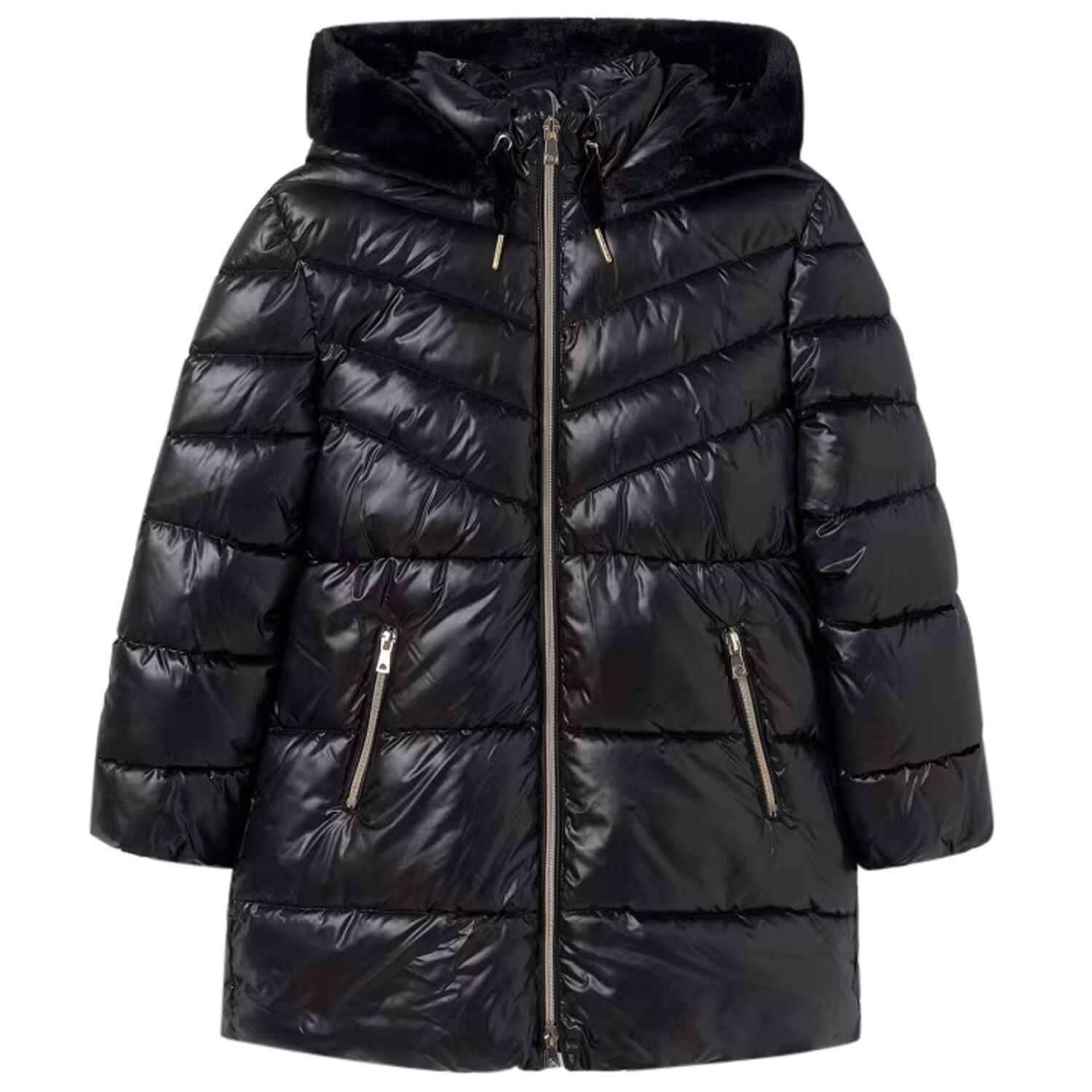 Girls Black Puffer Coat, 1, hi-res
