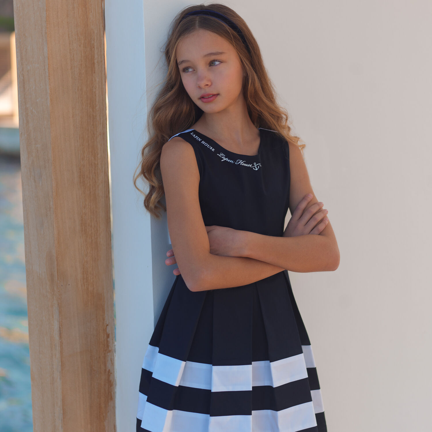 Girls Navy Blue Nautical Dress, 1, hi-res