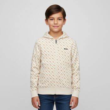 Boys Beige Logo Zip Up Top