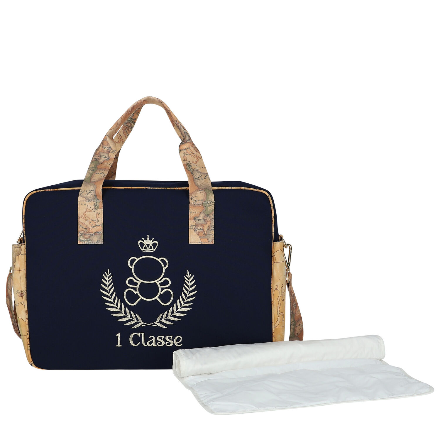 Navy Blue & Beige Geo Map Bear Baby Changing Bag, 2, hi-res