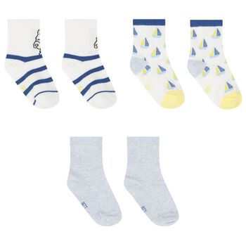 Baby Boys Ivory & Blue Boat Print Socks ( 3-Pack )