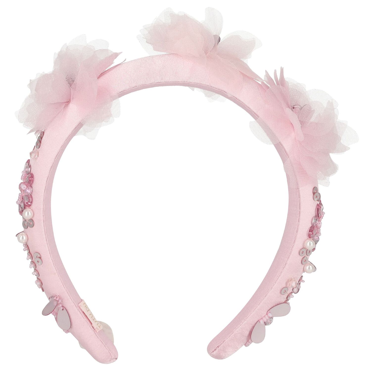 Girls Pink Flower Satin Headband, 1, hi-res