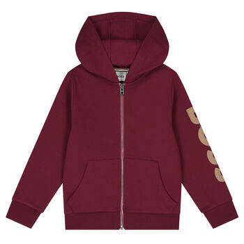 Boys Burgundy Logo Hooded Zip Up Top