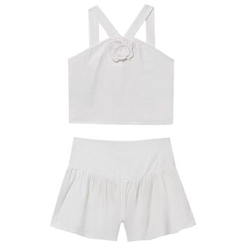 Girls White Flower Shorts Set