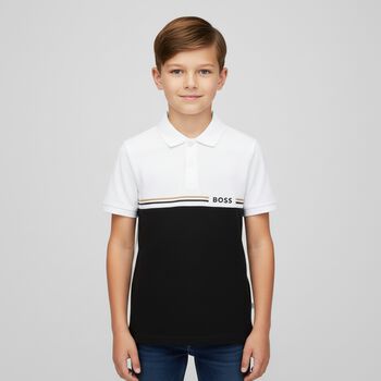 Boys White & Black Logo Polo Shirt