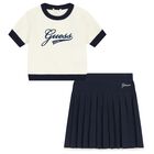 Girls Ivory & Navy Blue Logo Knit Skirt Set, 1, hi-res