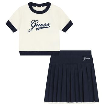 Girls Ivory & Navy Blue Logo Knit Skirt Set