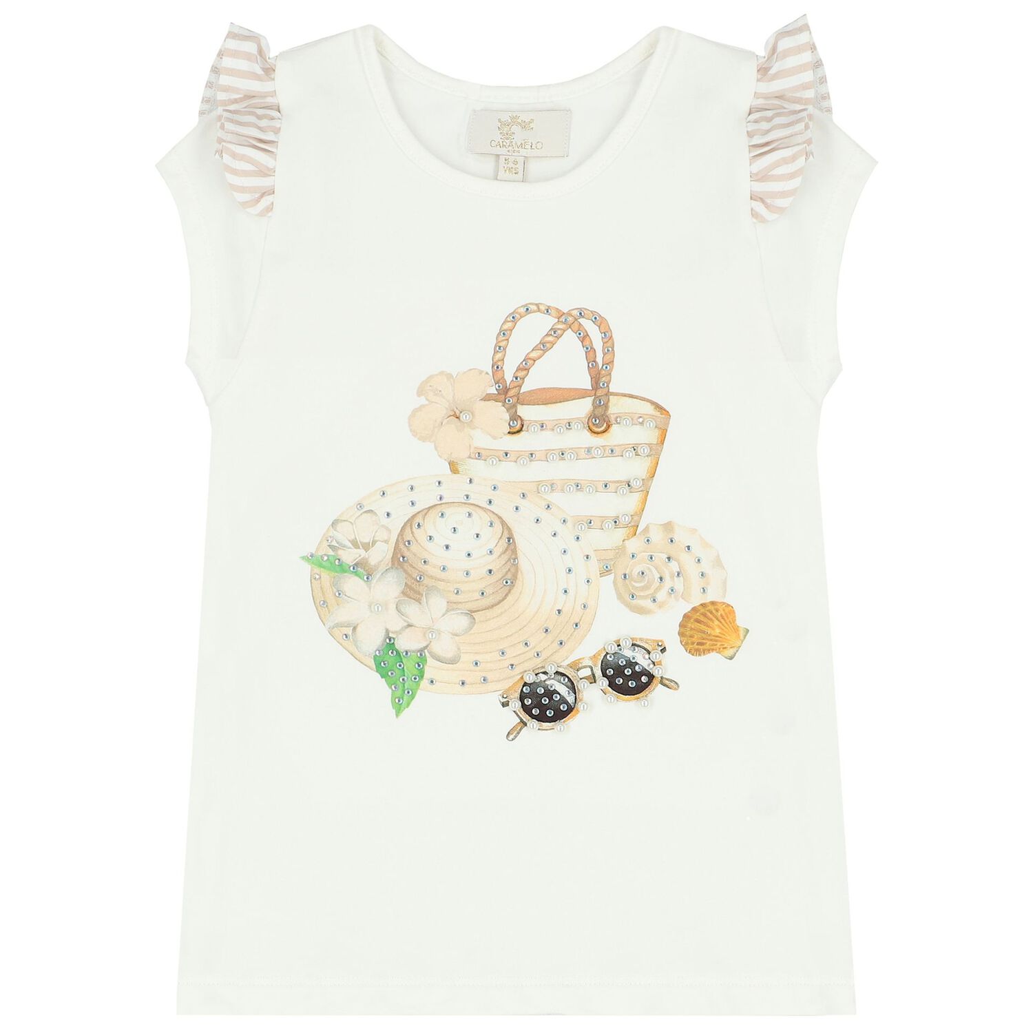 Girls White & Beige Striped Skirt Set, 3, hi-res