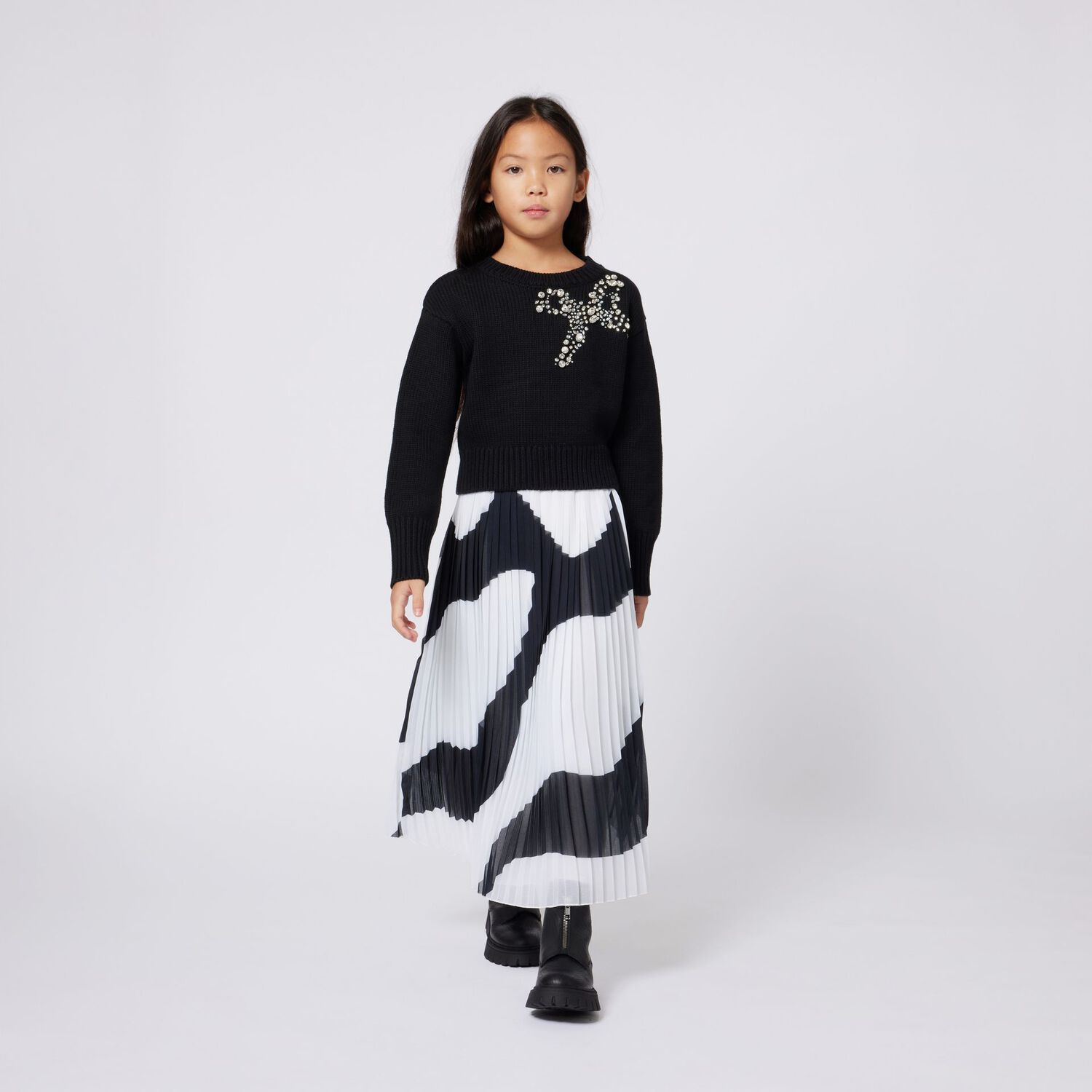 Girls Black & Ivory Zebra Pleated Skirt, 1, hi-res