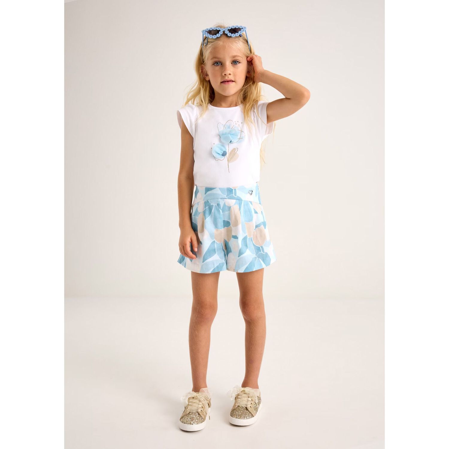 Girls Ivory Cotton & Blue Floral Print T-Shirt, 1, hi-res image number null