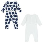 White & Navy Boke Flower Babygrows ( 2 Pack ), 1, hi-res