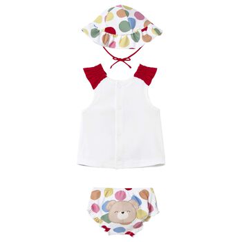Baby Girls White & Red Swimsuit Set with Hat
