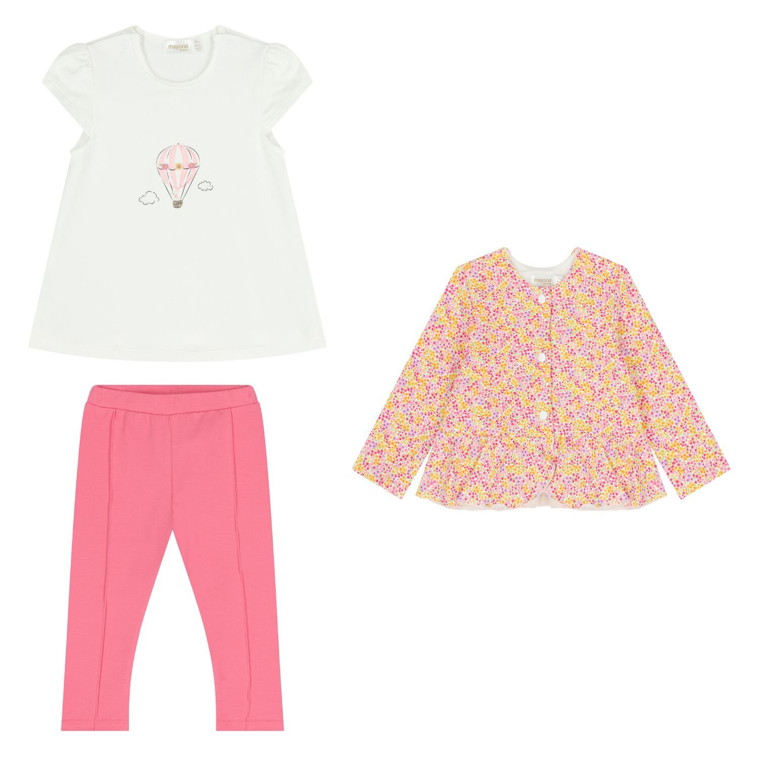 Baby Girls White & Pink Floral 3 Piece Leggings Set, 1, hi-res