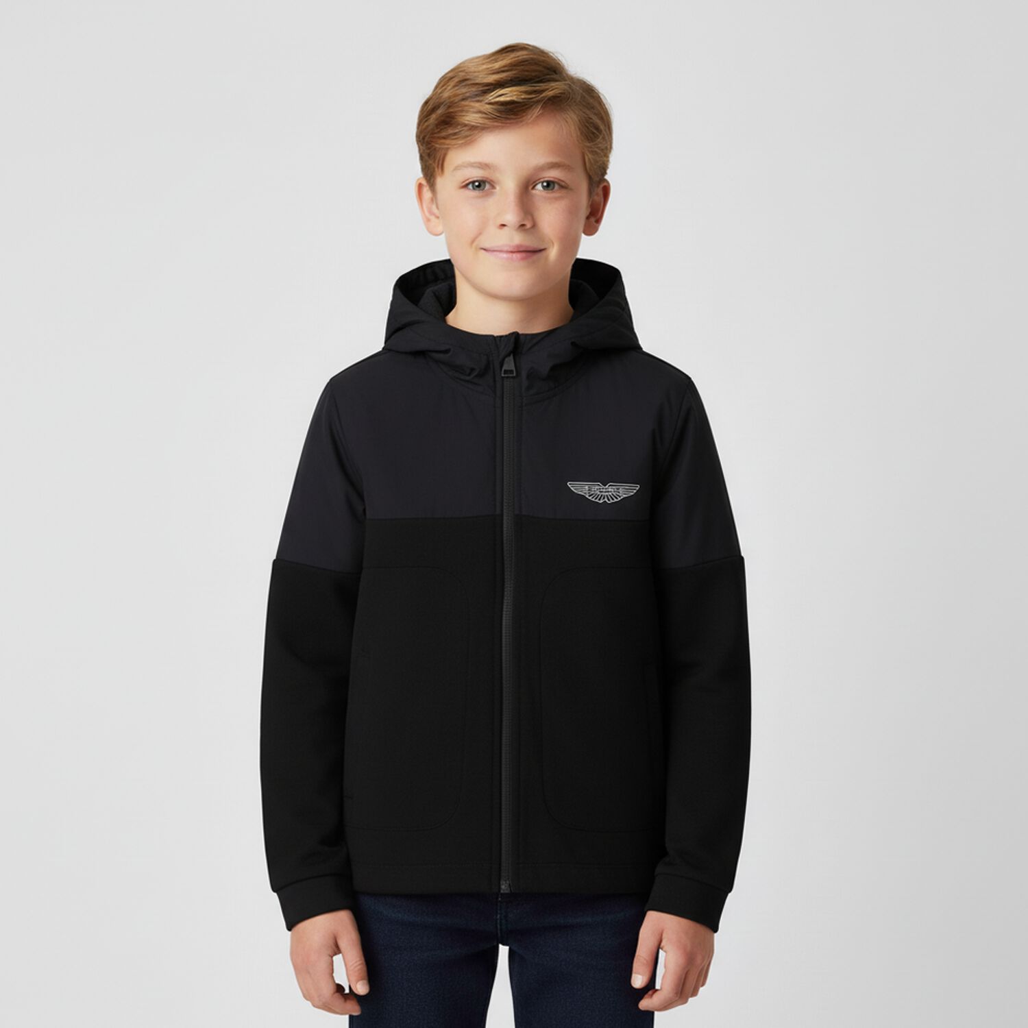 Boys Black Aston Martin Logo Hooded Zip Up Top, 1, hi-res image number null