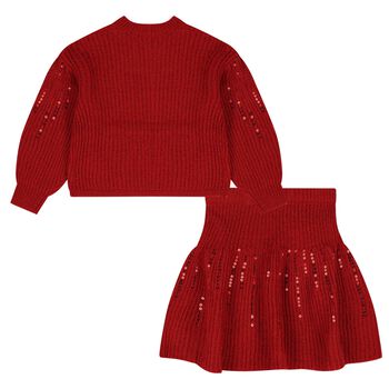 Girls Red Embellished Sequin Skirt Set
