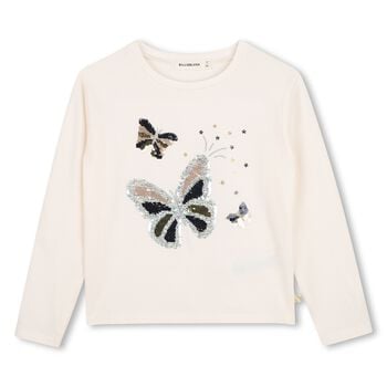 Girls Ivory Embellished Butterflies Sequin Long Sleeve Top