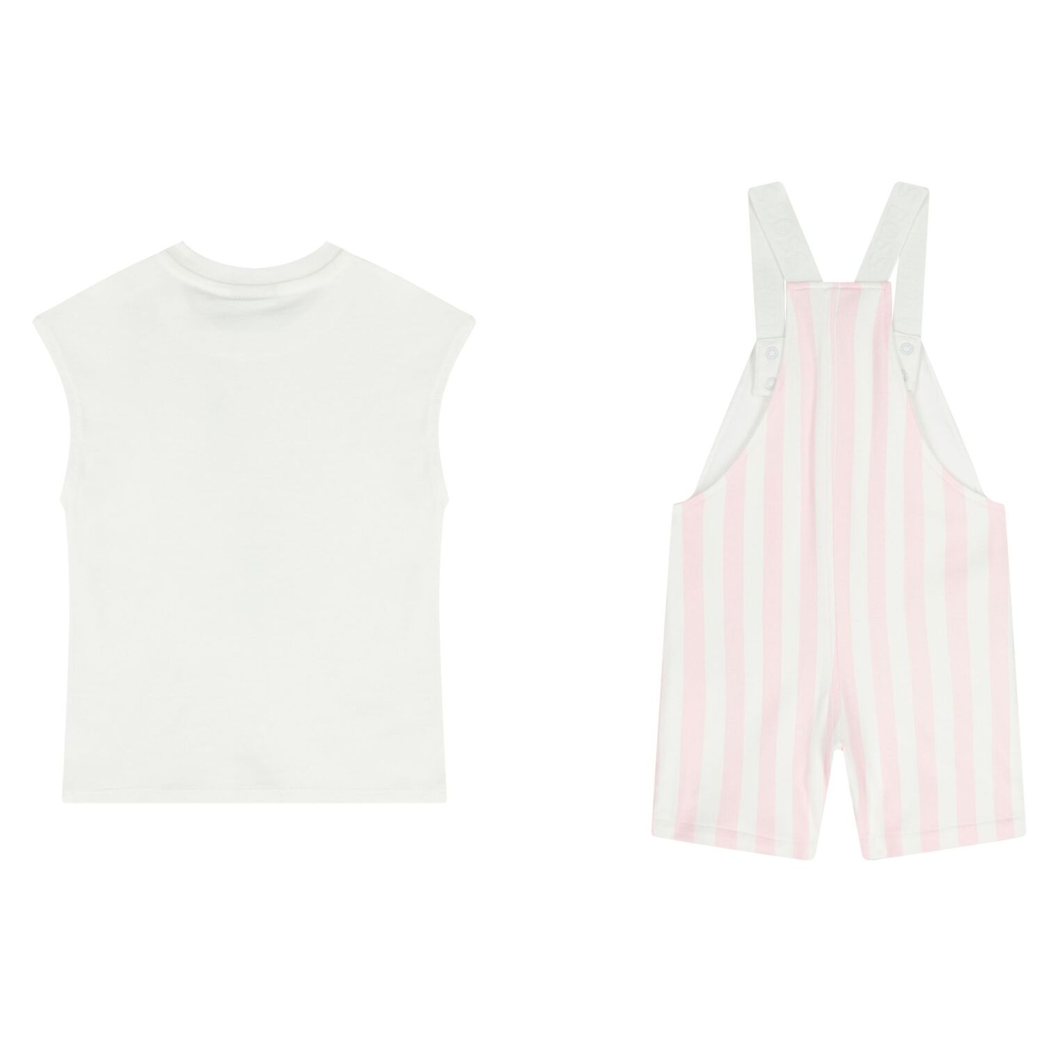 Baby Girls White & Pink Striped Logo Dungaree Set, 1, hi-res