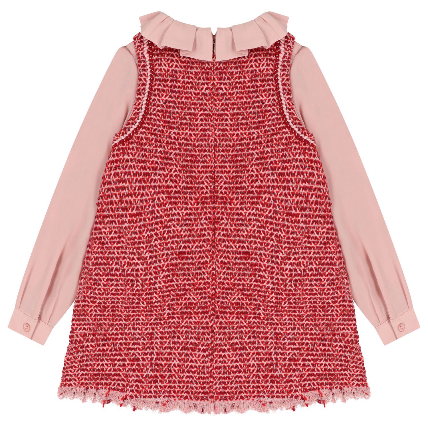 Girls Red Tweed & Pink Crêpe Chiffon Dress, 1, hi-res