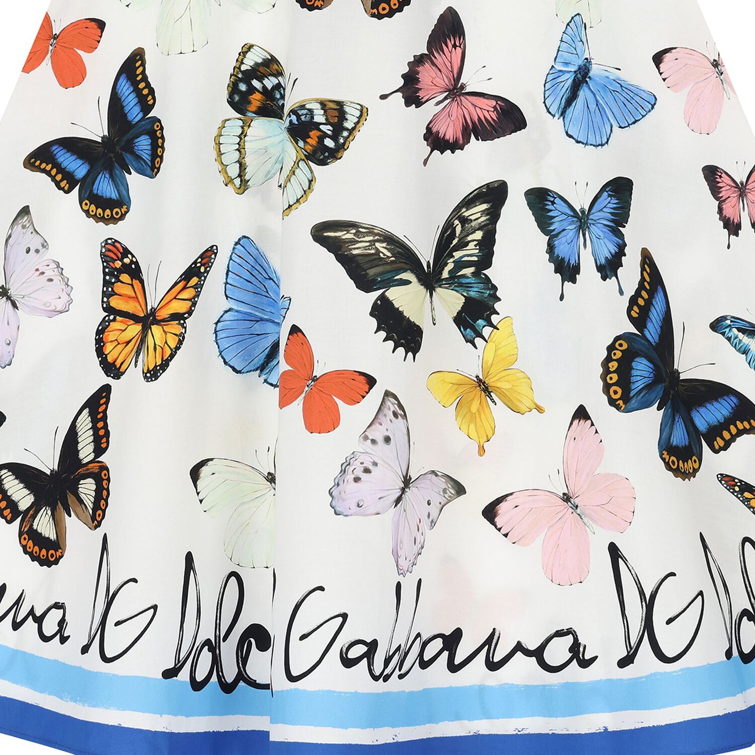 Girls White & Blue Butterfly Print Cotton Dress, 1, hi-res