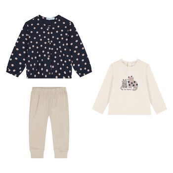 Younger Girls Ivory, Navy Blue & Grey Cat 3 Piece Leggings Set