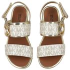 Girls Ivory & Gold Logo Sandals, 1, hi-res