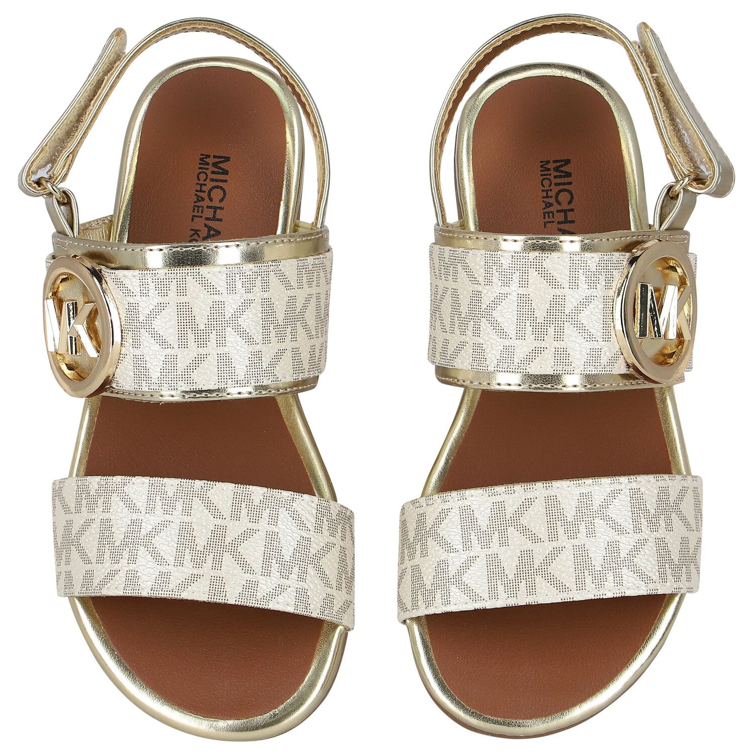Girls Ivory & Gold Logo Sandals, 1, hi-res