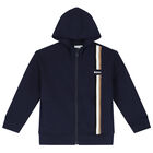 Boys Navy Blue Logo Hooded Zip Up Top, 1, hi-res