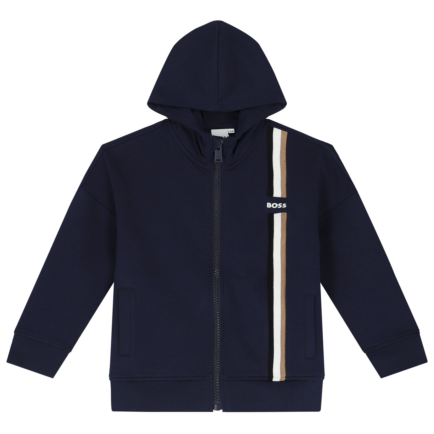 Boys Navy Blue Logo Hooded Zip Up Top, 1, hi-res