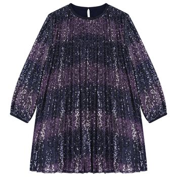 Girls Navy Blue Embellished Pleated Dress