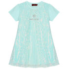 Girls Aqua Sequin Logo Dress, 1, hi-res