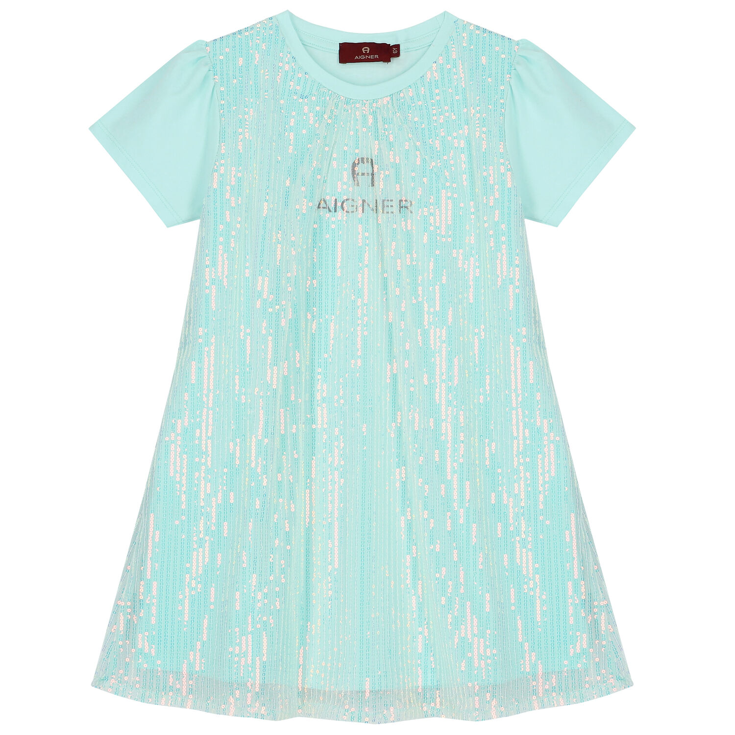 Girls Aqua Sequin Logo Dress, 1, hi-res
