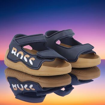 Boys Navy Blue & Beige Logo Sandals