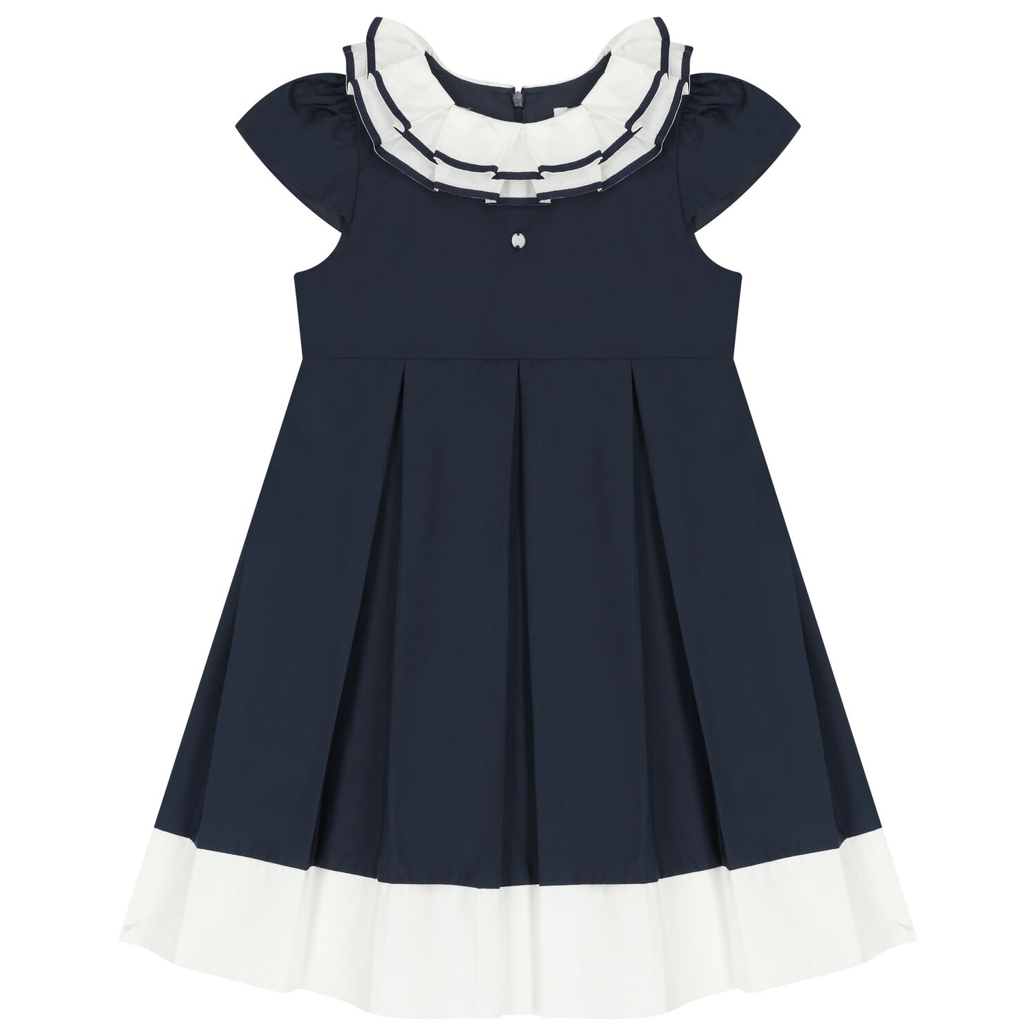 Girls Navy Blue Ruffled Collar Pleated Dress, 1, hi-res