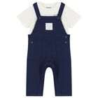 Baby Boys Ivory & Navy Blue Dungaree Set, 1, hi-res