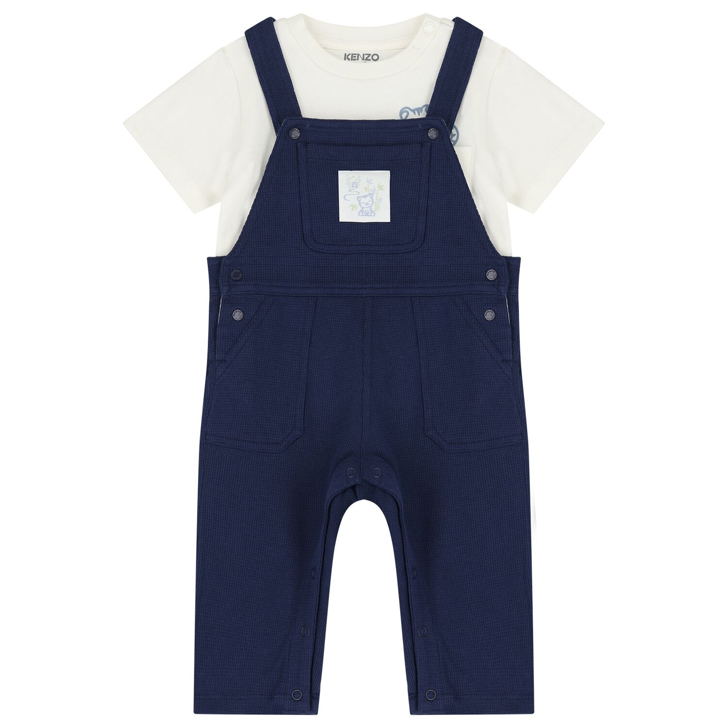 Baby Boys Ivory & Navy Blue Dungaree Set, 1, hi-res