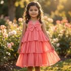 Girls Pink Bow Tiered Dress, 1, hi-res