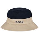 Baby Boys Beige, Navy Blue & White Logo Reversible Hat, 1, hi-res