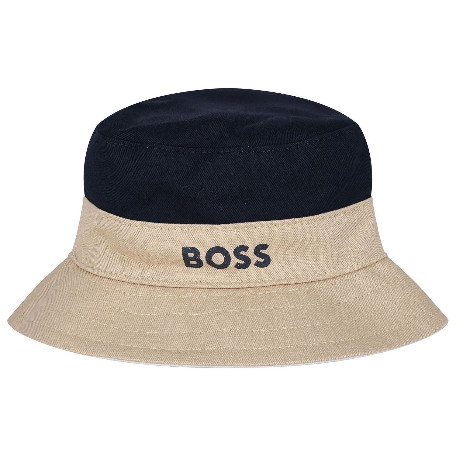 Baby Boys Beige, Navy Blue & White Logo Reversible Hat, 1, hi-res