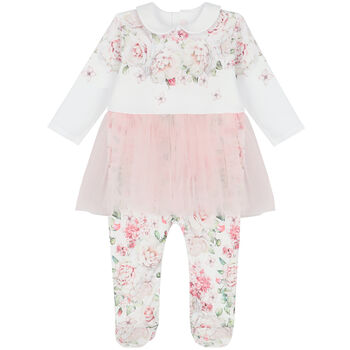 Baby Girls White & Pink Floral Babygrow