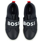 Boys Navy Blue Logo Trainers, 1, hi-res