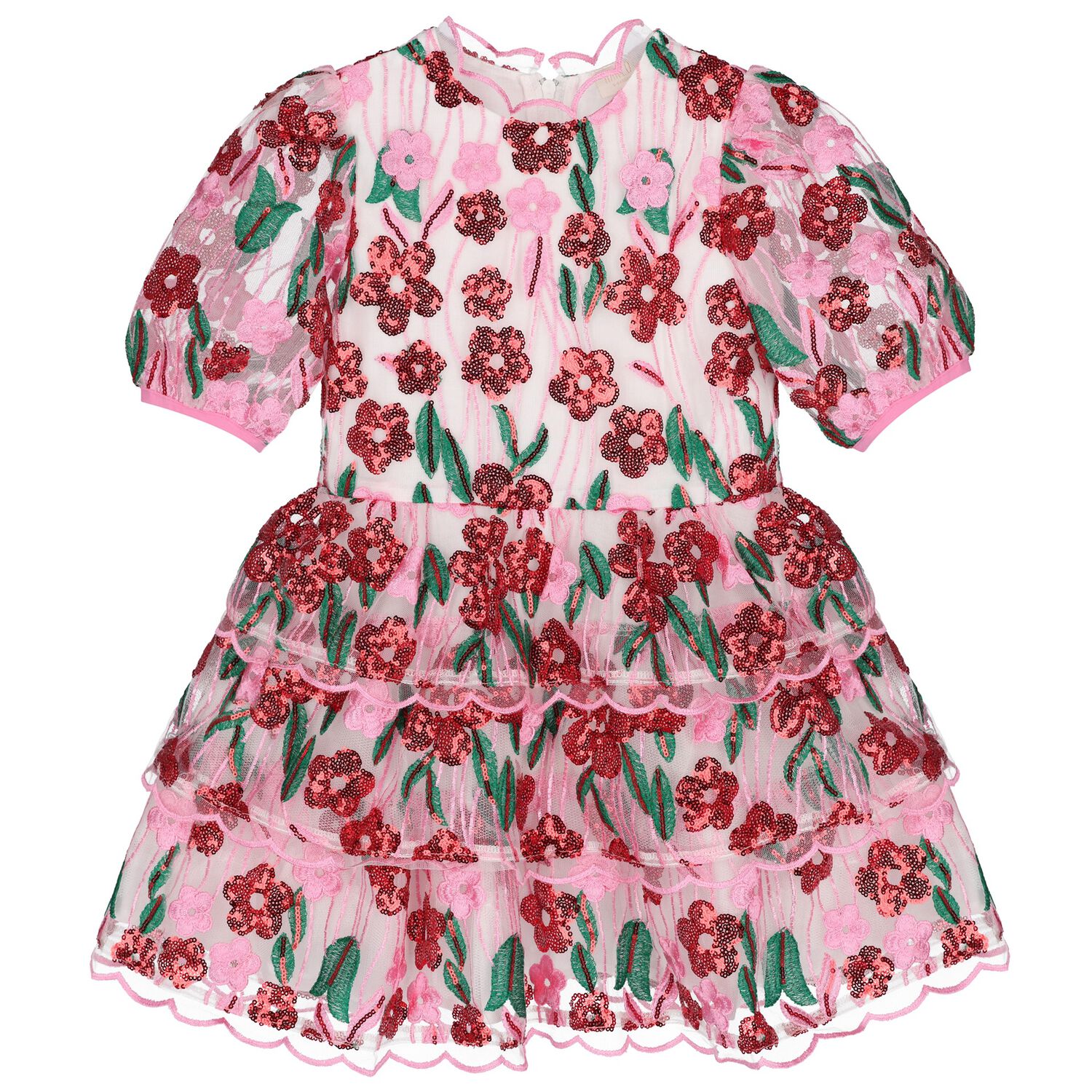 Girls Pink & Red Embroidered Sequin Dress , 1, hi-res