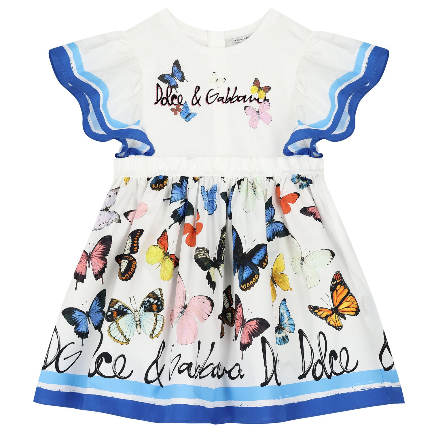 Girls White & Blue Poplin Butterfly Print Dress, 1, hi-res