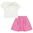 Girls White & Pink Flower Skirt Set, 1, hi-res