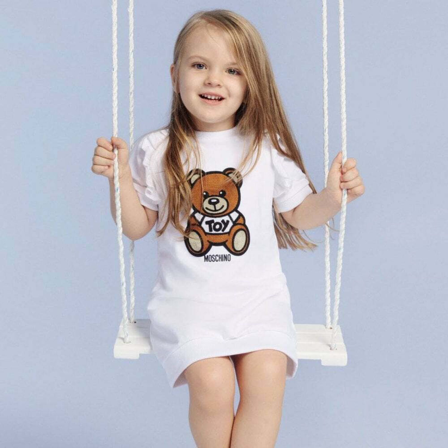 Girls White Teddy Logo Dress, 1, hi-res
