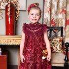 Girls Burgundy Embellished Tulle Dress, 2, hi-res