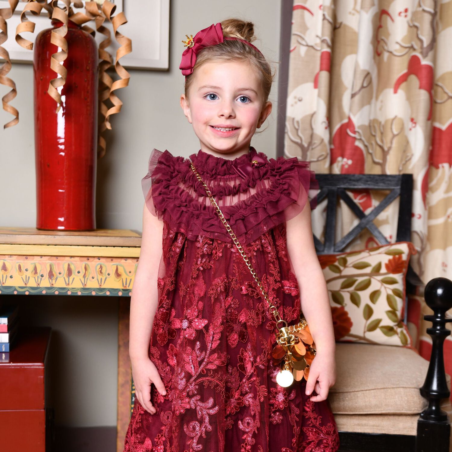 Girls Burgundy Embellished Tulle Dress, 2, hi-res