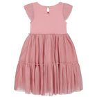 Girls Pink Bow Pleated Tulle Dress, 1, hi-res