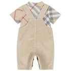 Baby Boys Beige Check Dungaree Set, 1, hi-res