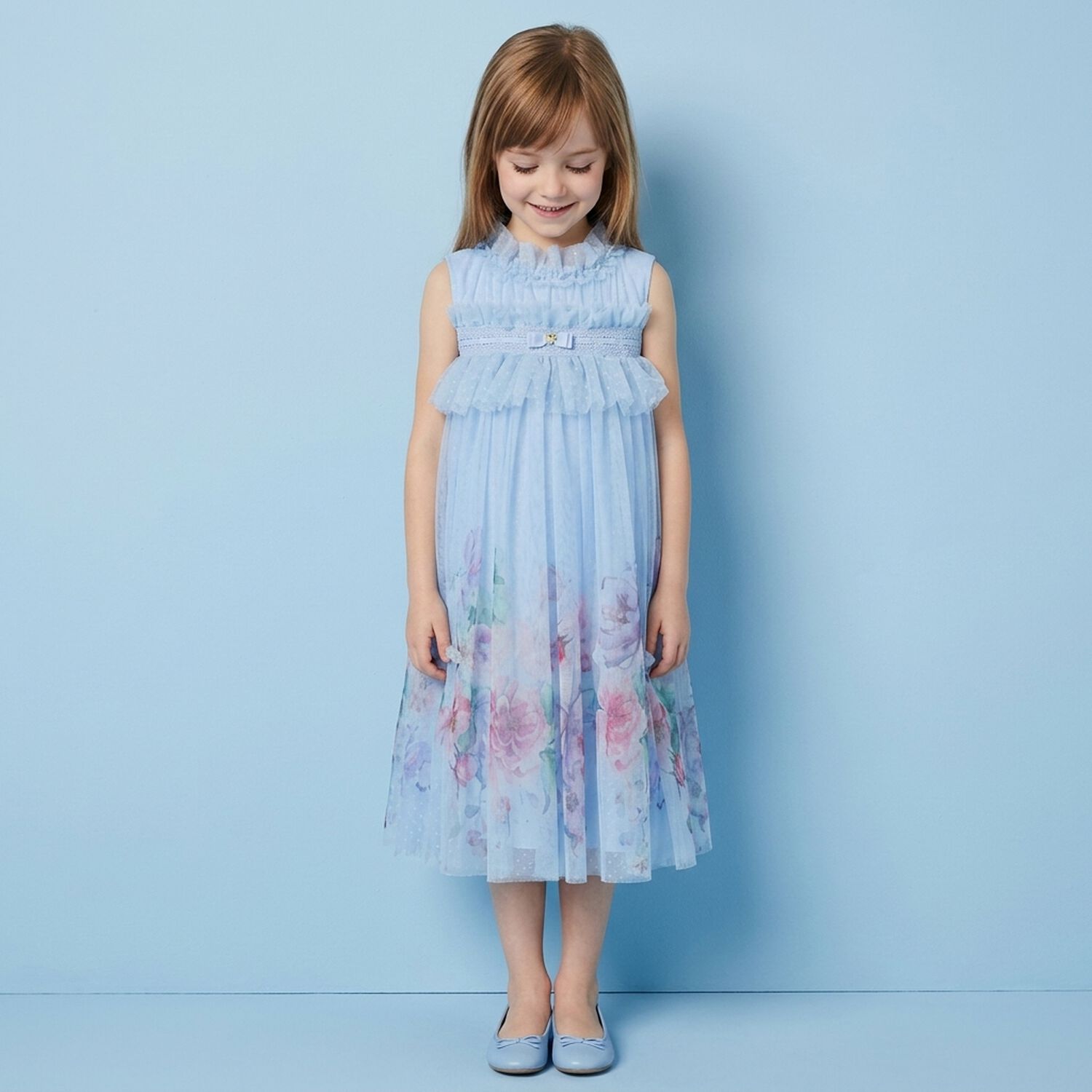 Girls Blue Floral Tulle Dress, 1, hi-res