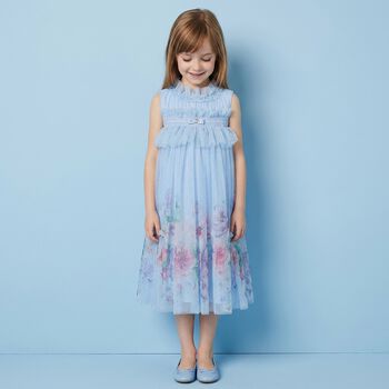 Girls Blue Floral Tulle Dress